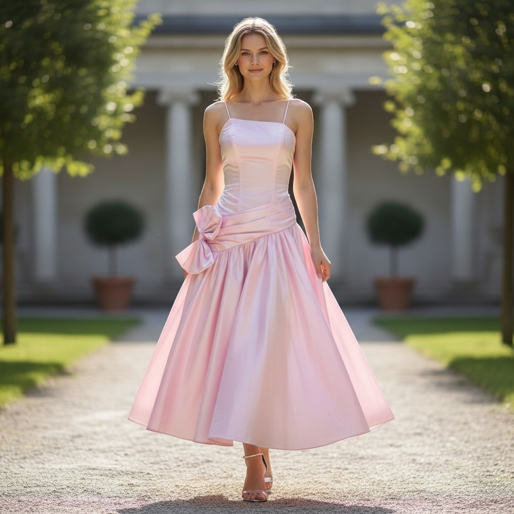 Vintage 80s JCPenney Pink Taffeta Prom Dress Size 5-6 One Shoulder Bow Ilgwu USA